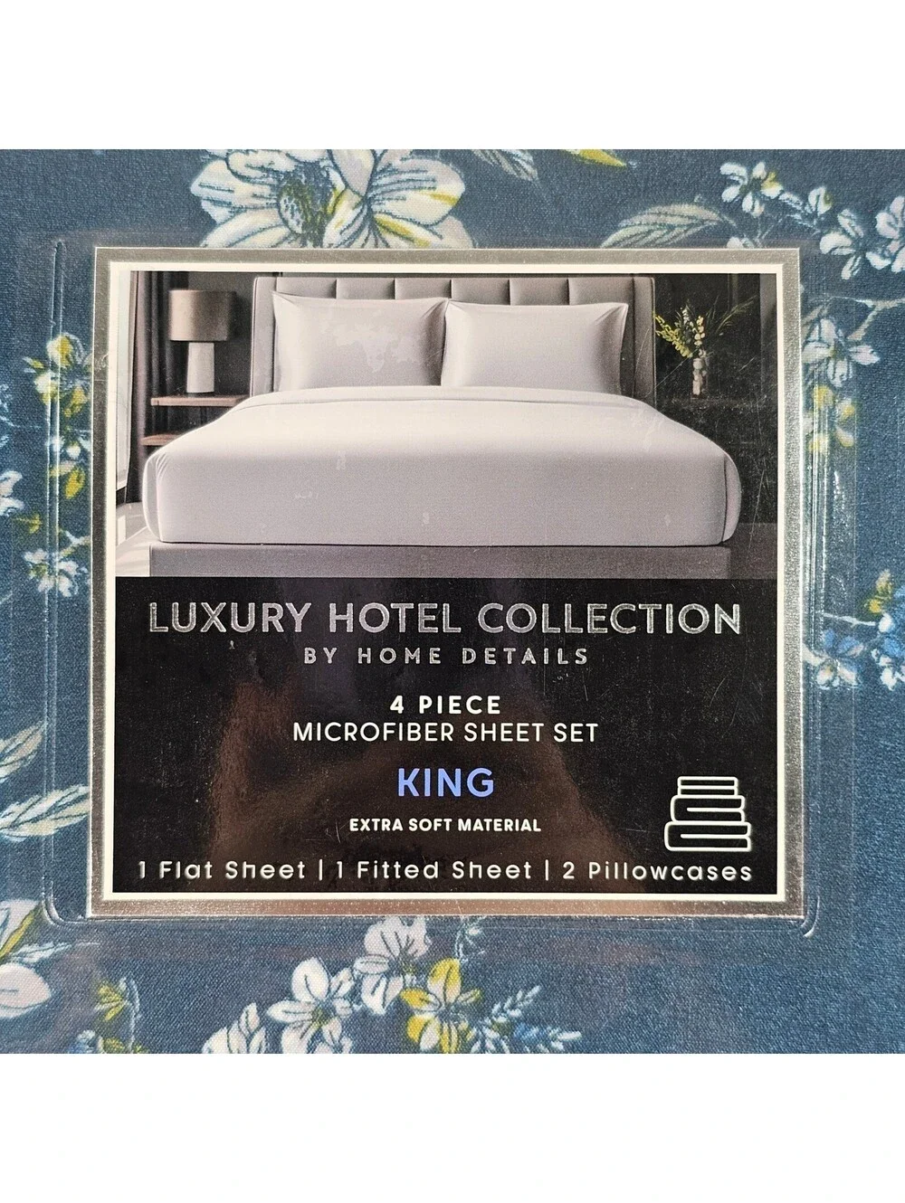 Home Details Luxury Hotel Collection King Sheet Set 4pc Navy Blue Floral Floral